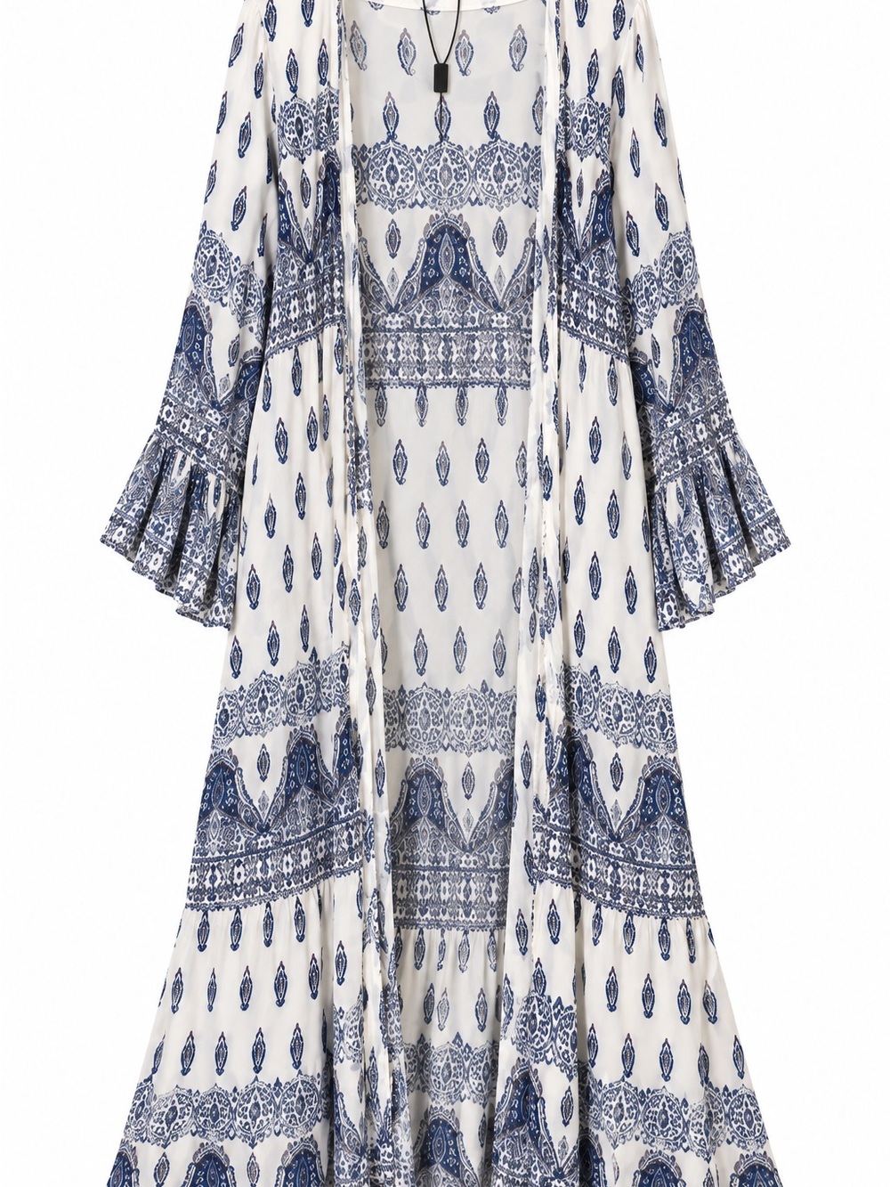 Zanzea Cream Maxi Dress with Blue Paisley Print and Ruffle Sleeves